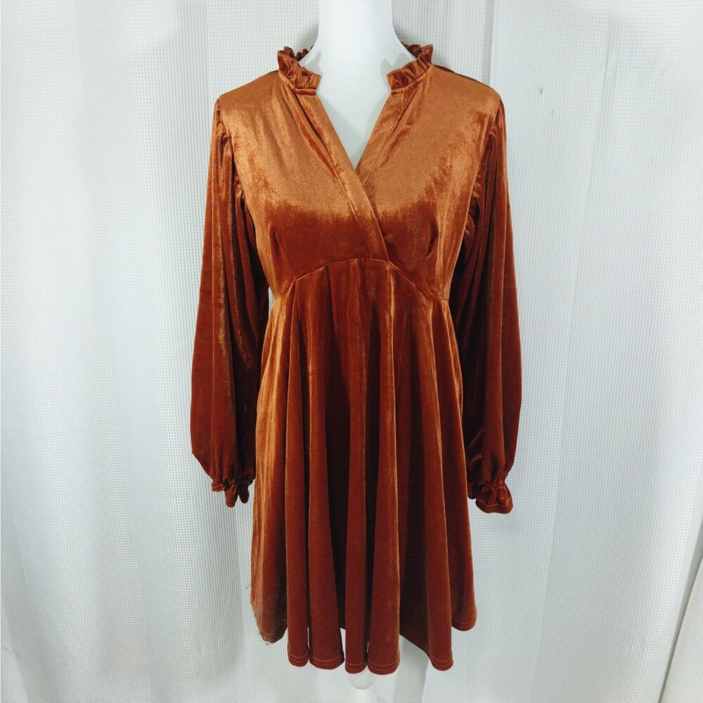 NWOT! UMGEE! ROMANTIC BURNT ORANGE STRETCH VELVET, POUF SLEEVE DRESS! SZ S - Picture 2 of 11
